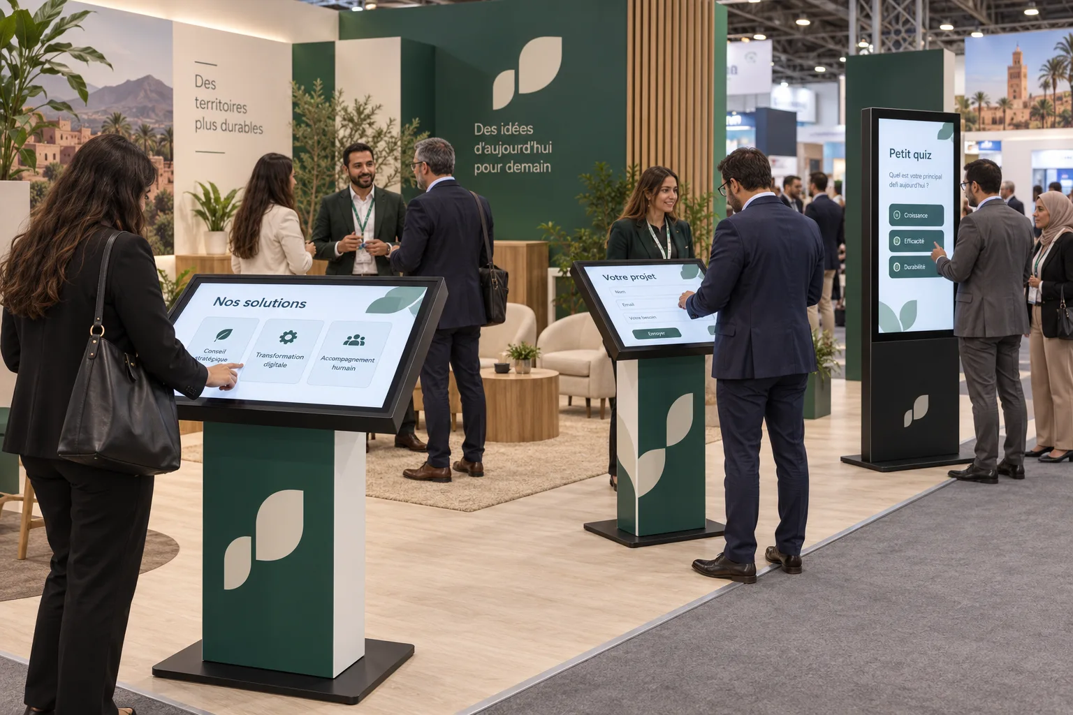 Deux bornes KIOSK et un totem présentent des contenus distincts sur un stand.