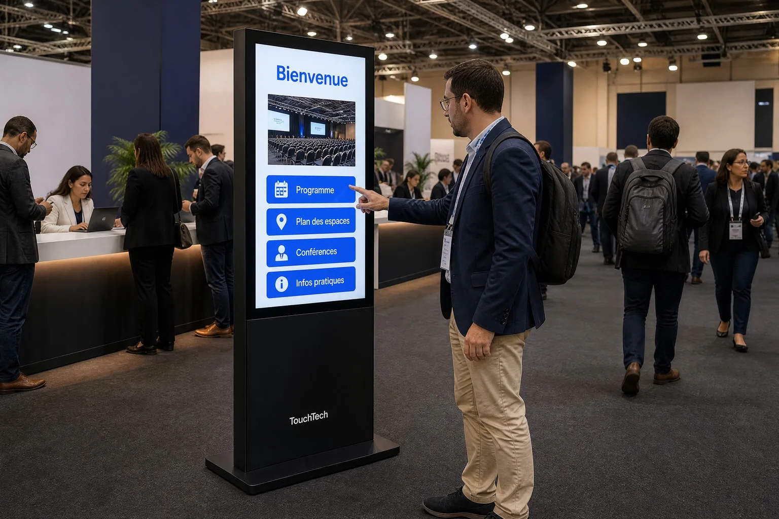 Un totem présente le programme et le plan des espaces à l’accueil d’un congrès.